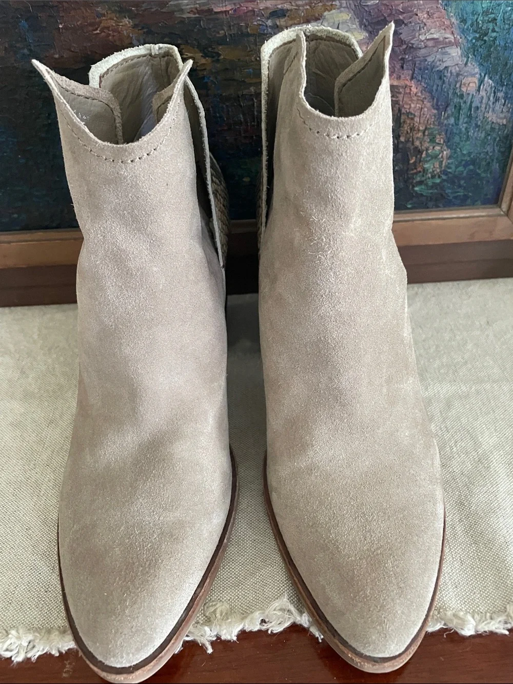Dolce Vita Taupe Suede Ankle Boots with Snake-Print Accent size 9